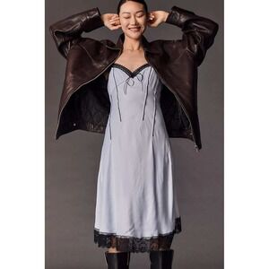 Anthropologie NWT V-Neck Lace-Trim‎ Slip Midi Dress Blue Black Size 14